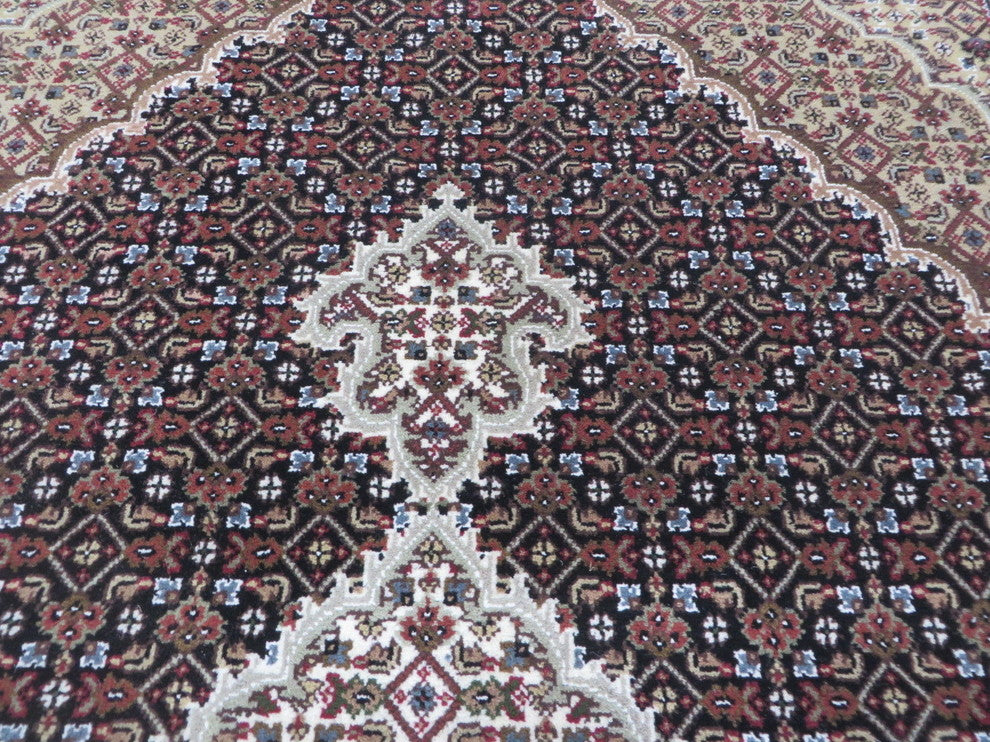 5x7'2 Handmade Persian Black Mahi Tabriz Oriental Rug Wool and Silk