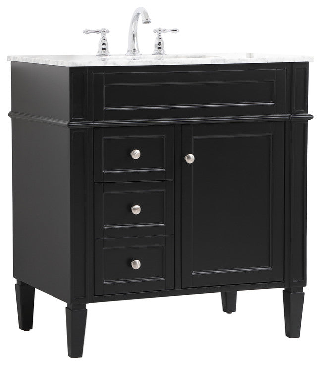 Home Living Vanity with Carrara White Marble Countertop, Black, 32", Single Sink