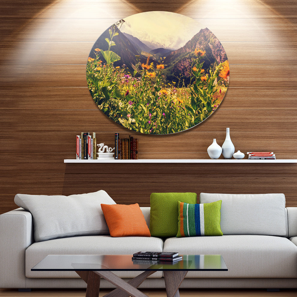 Green Mountain Meadow With Flowers, Flower Round Metal Wall Art, 11"
