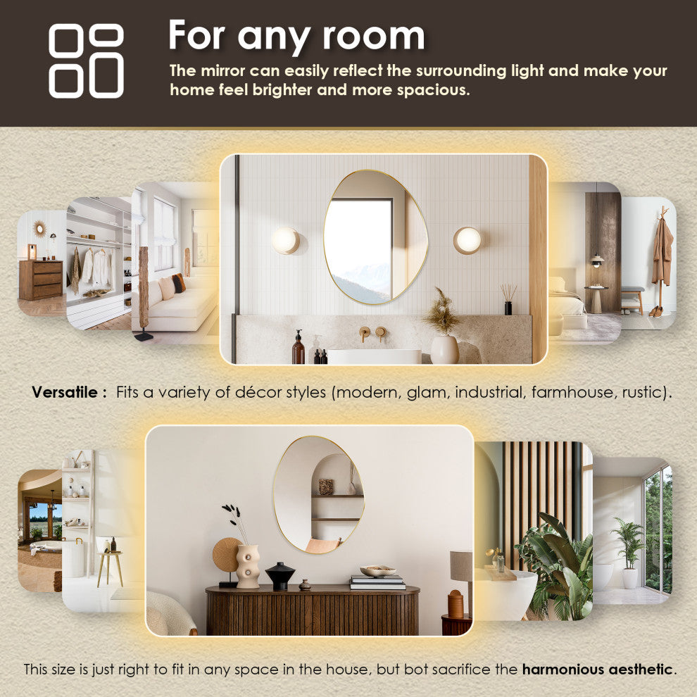Aura Irregular Framed Bathroom Wall Mirror, Brushed Gold, 27"