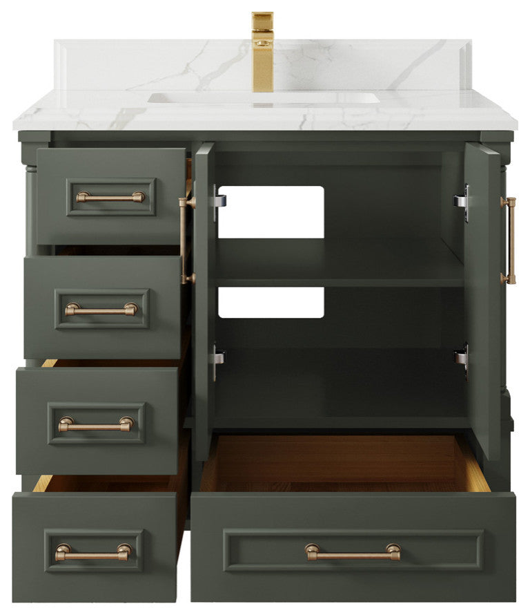 Aberdeen 36 Center Sink Bath Vanity in Pewter Green 1.5" Calacatta Laza