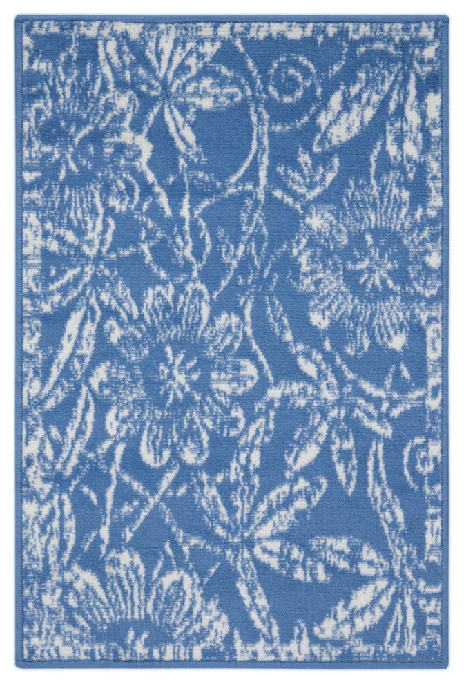 6' X 9' Blue Floral Dhurrie Area Rug