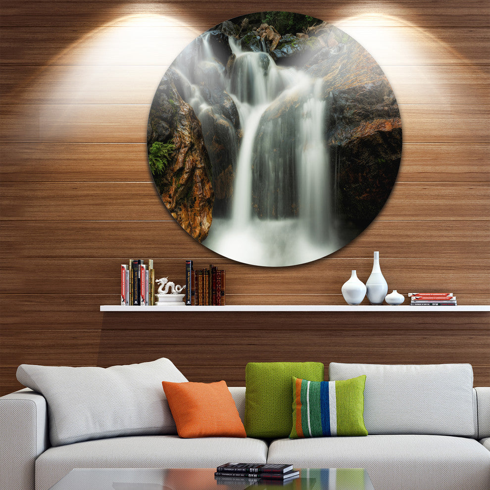 Slow Motion Waterfall On Rocks, Landscape Disc Metal Artwork, 36"