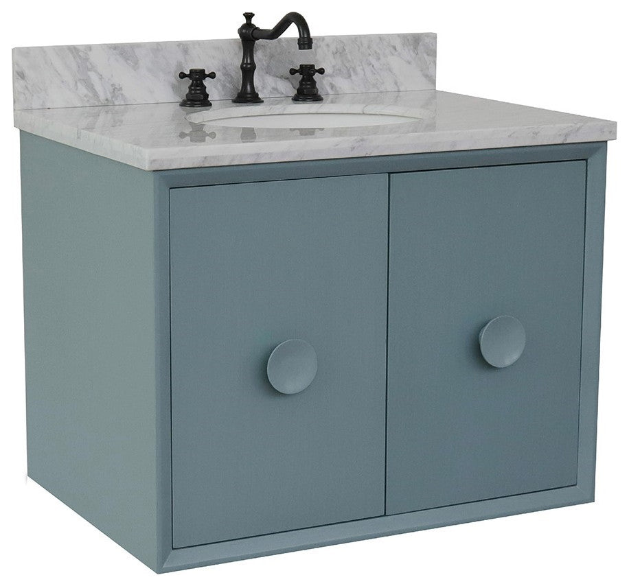 31" Single Wall Mount Vanity, Aqua Blue Finish With White Carrara Top
