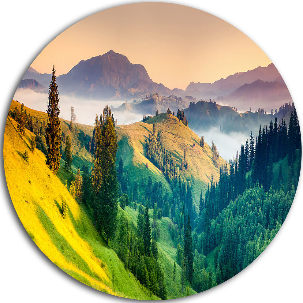 Brightly Green And Blue Mountains, Landscape Round Wall Art, 23"