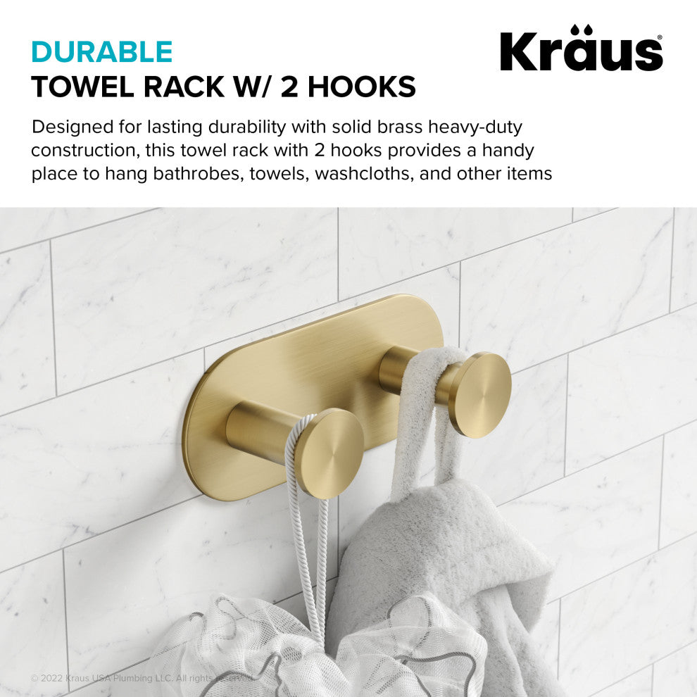 Elie Bathroom Robe and Towel Double Hook, Brushed Gold