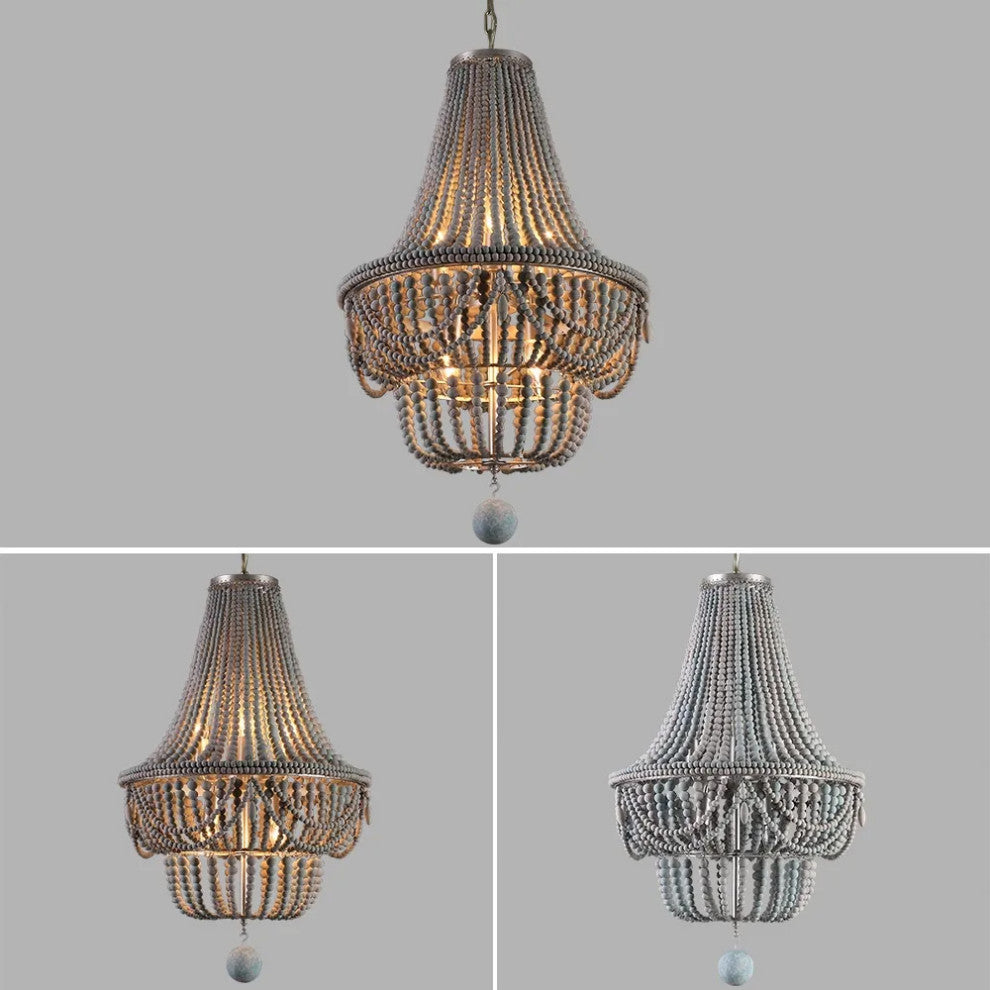 Katia Boho Wood Beaded Chandelier Empire Ceiling Light in Gray & Blue