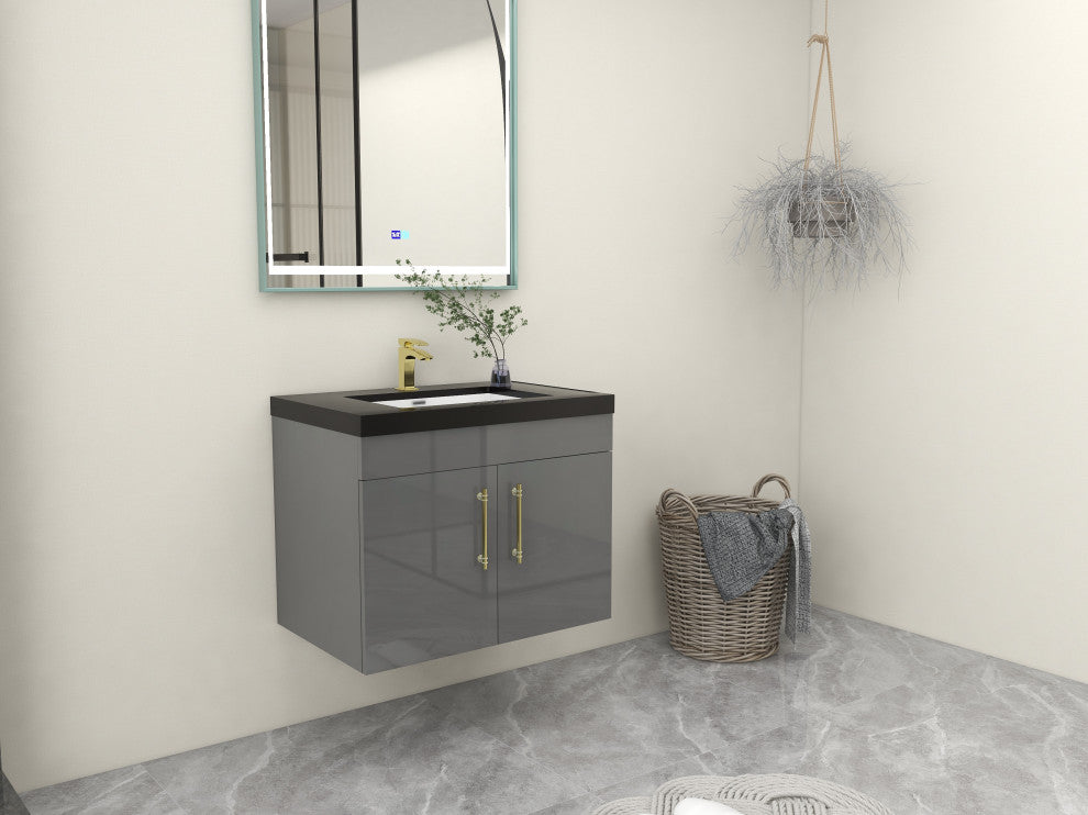 Rosa 30" Wall Mounted Modern Vanity, High Gloss Gray, Matt Black Top