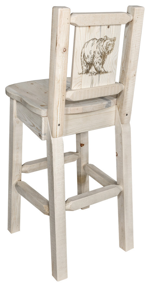 Homestead Bar Stool With Back, Laser Engraved Bear Design, Ready to Finish