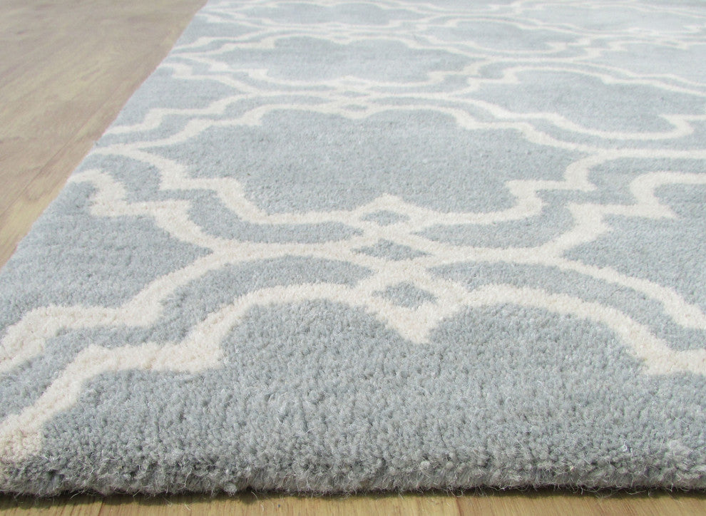 Moroccan Scroll Tile Porcelain Blue Persian Style Wool Area Rug, Porcelain Blue,