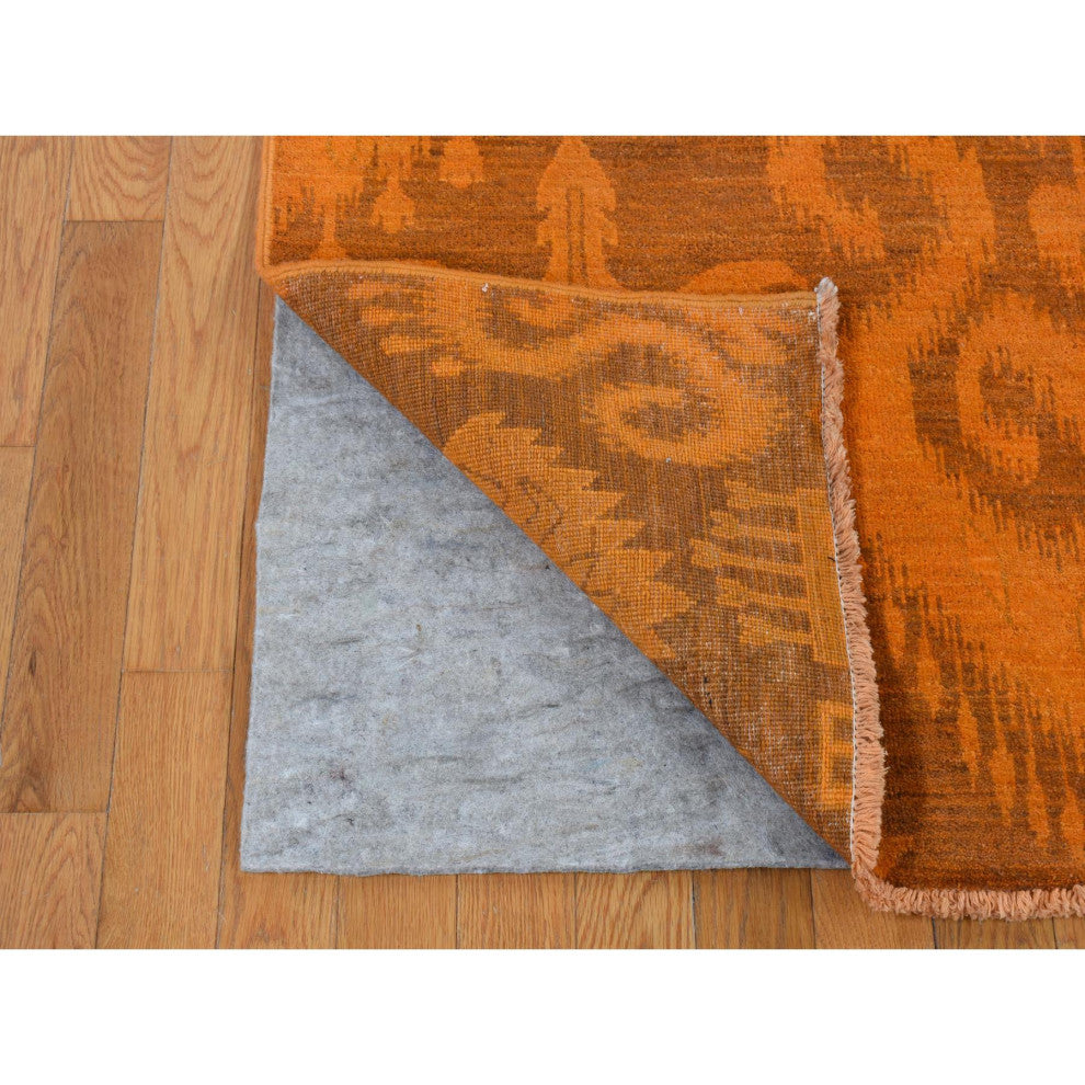 Hand Knotted Pure Wool, Orange Cast Overdyed Ikat Oriental Rug, 9'1"x12'3"