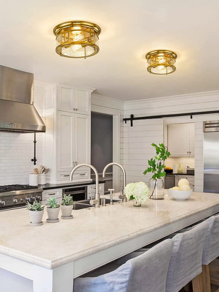 2 Light Ceiling Light, Flush Mount, Gold