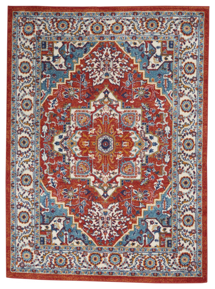 5' X 7' Red And Ivory Power Loom Area Rug