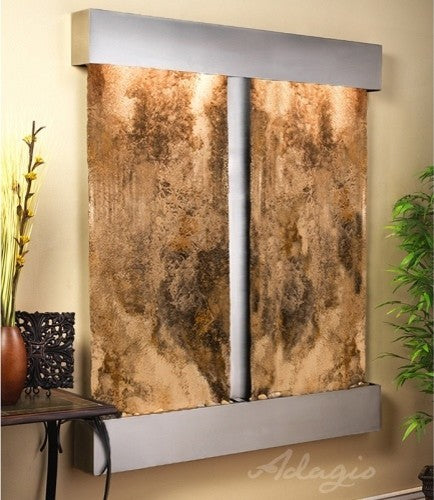 Cottonwood Falls Wall Fountain, Stainless Steel, Magnifico Travertine, Square Fr