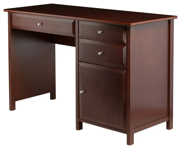 Transitional Desk, 3 Drawers & Single Door Cabinet With Beveled Accent, Walnut
