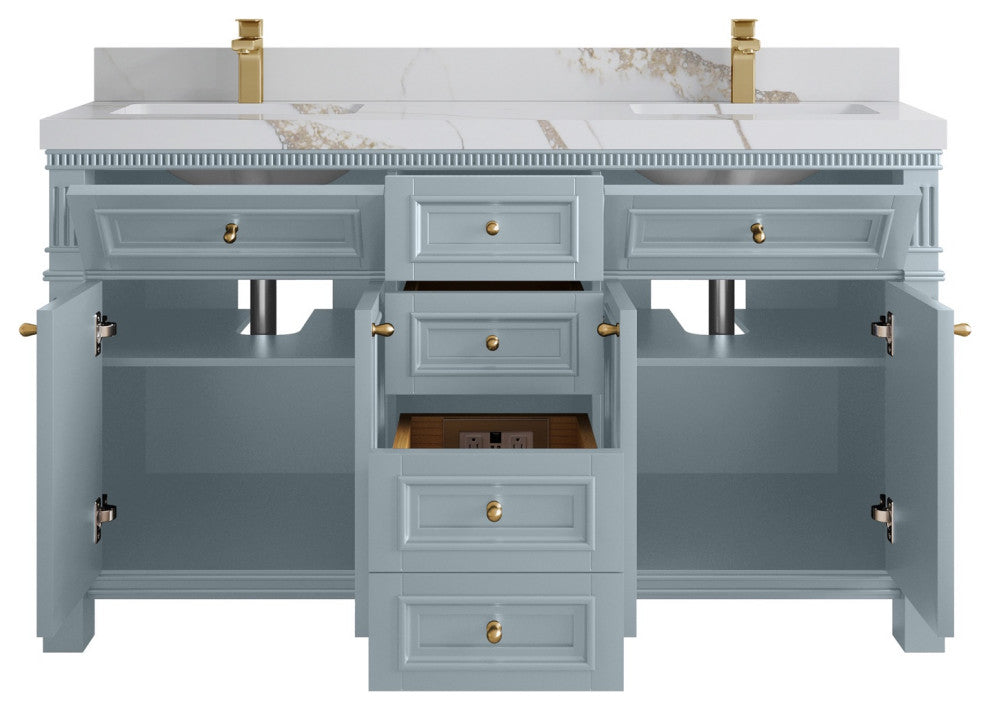 Paris 60" Double Sink Bathroom Vanity, Blue Heather 2" Calacatta Gold