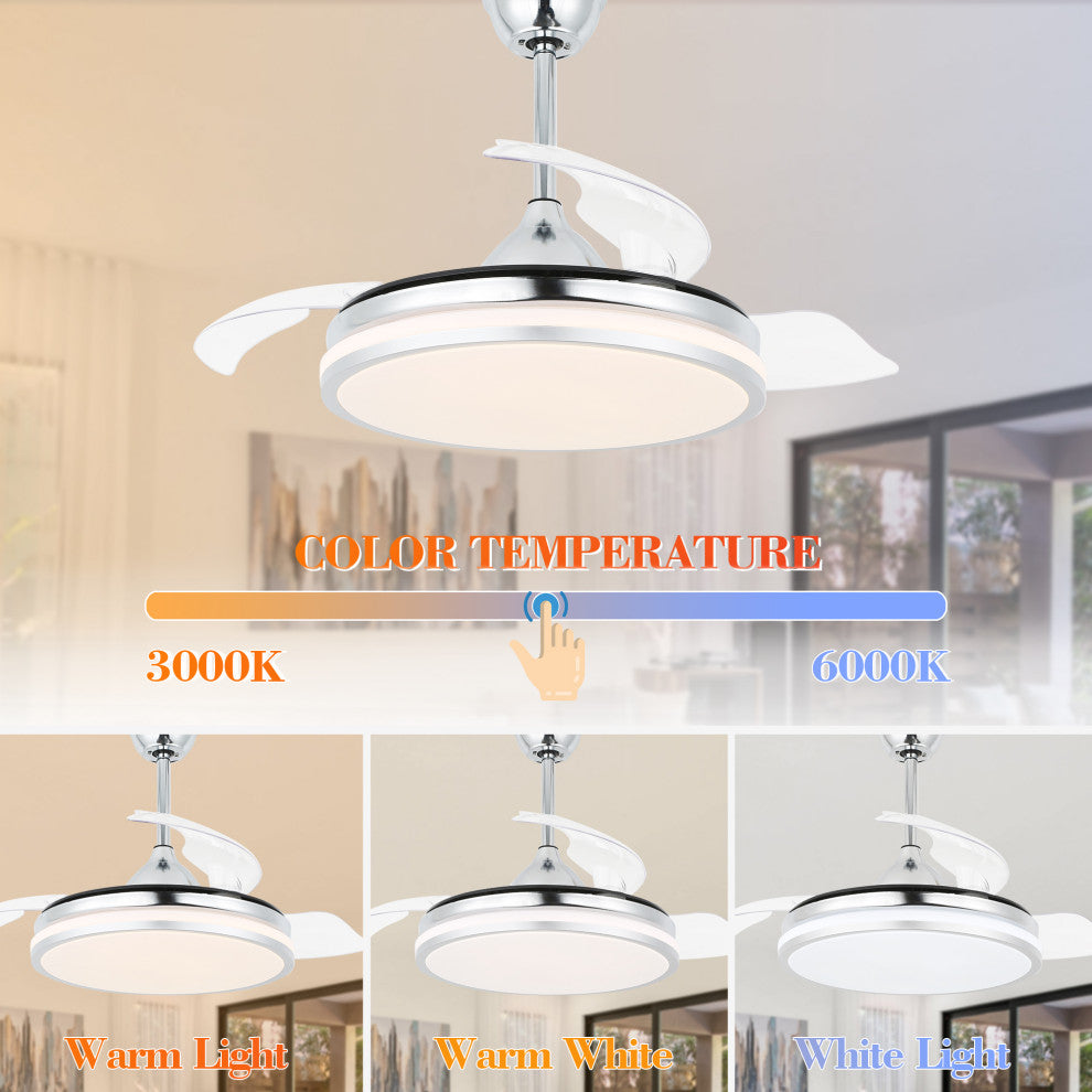 36W Reversible Ceiling Fan with Retractable Blades and Remote Control, Chrome
