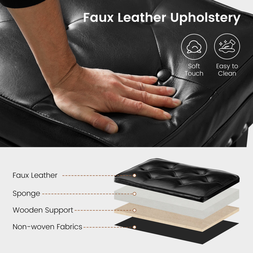 Set of 2 Leatherette Button-Tufted Accent Stool, Black