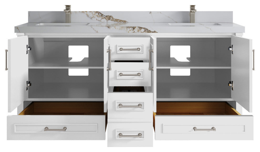 Aberdeen 72 Double Sink Bath Vanity in White 2" Calacatta Gold