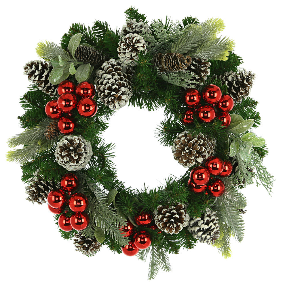 22" Evergreen Holiday Wreath with Ornaments and Assorted Pinecones
