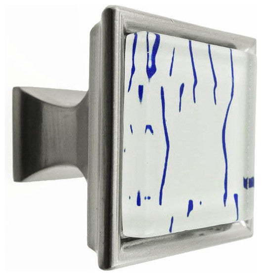 Hand Paint Abstract Blue Lines Crystal Glass Brushed Nickel Madison Classic Knob