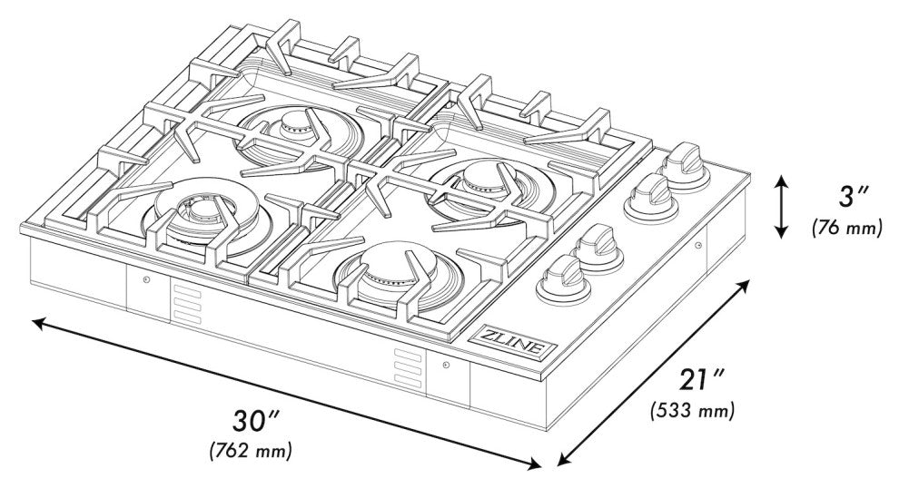 ZLINE 30" Dropin Gas Stovetop with Gas Burners and Black Porcelain Top(RC30-PBT)