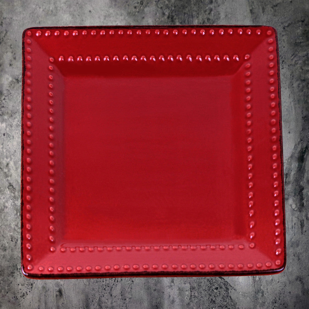 16 Piece Square Beaded Stoneware Dinnerware set by Lorren Home Trends, Red