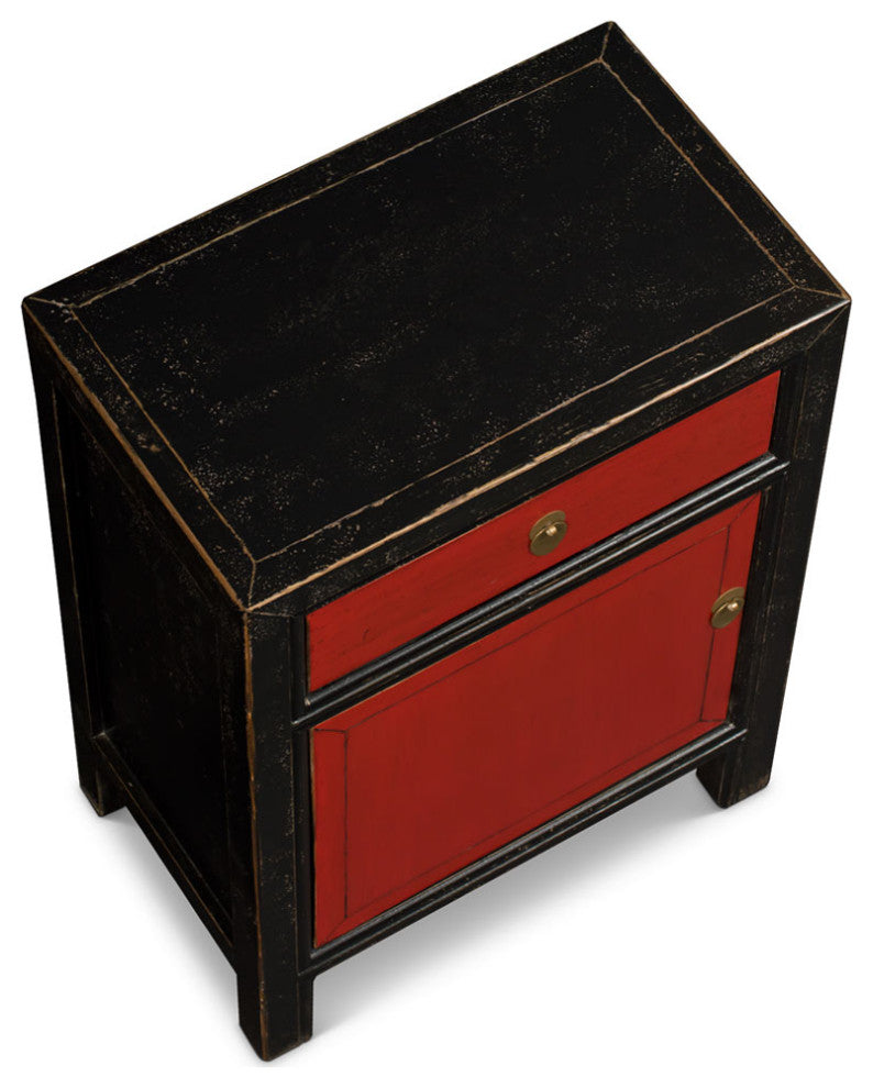 Distressed Black and Red Elmwood Petite Peking Asian Cabinet