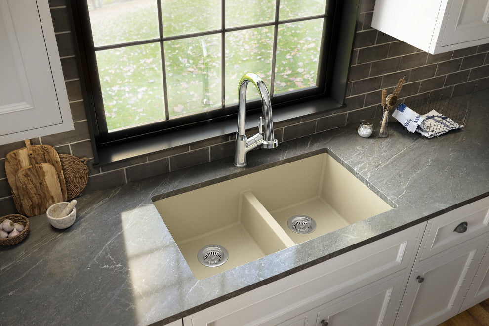 Karran 32" Undermount Double Bowl 50/50 Quartz Kitchen Sink Kit, Bisque