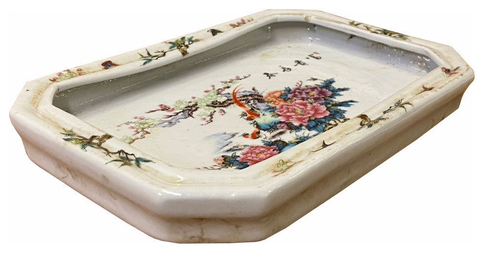 Chinese Off White Porcelain Flower Birds Rectangular Display Plate Hws1819
