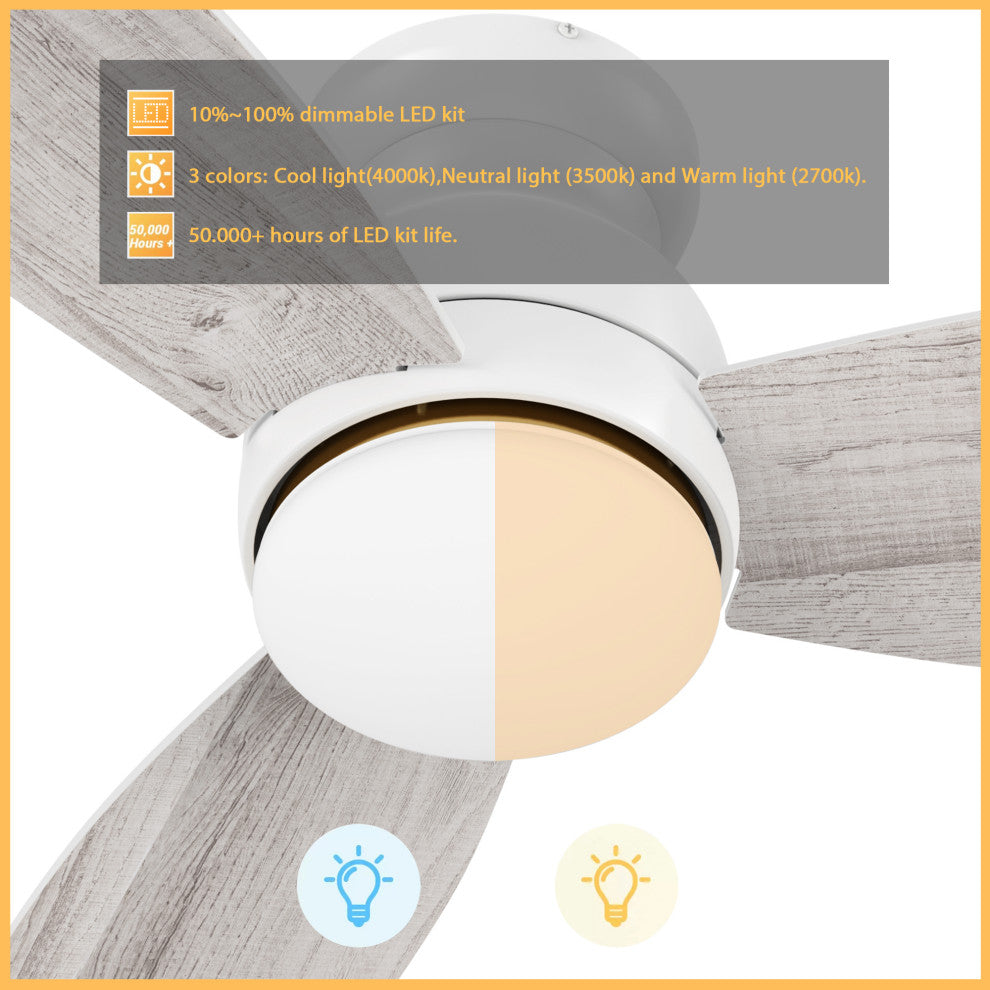 CARRO Flush Mount Indoor Ceiling Fan With Dim Light and Remote, White, 44"