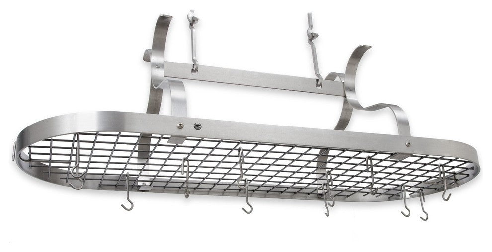 Handcrafted Scroll Arm Oval Ceiling Pot Rack w 24 Hooks Stainless Steel