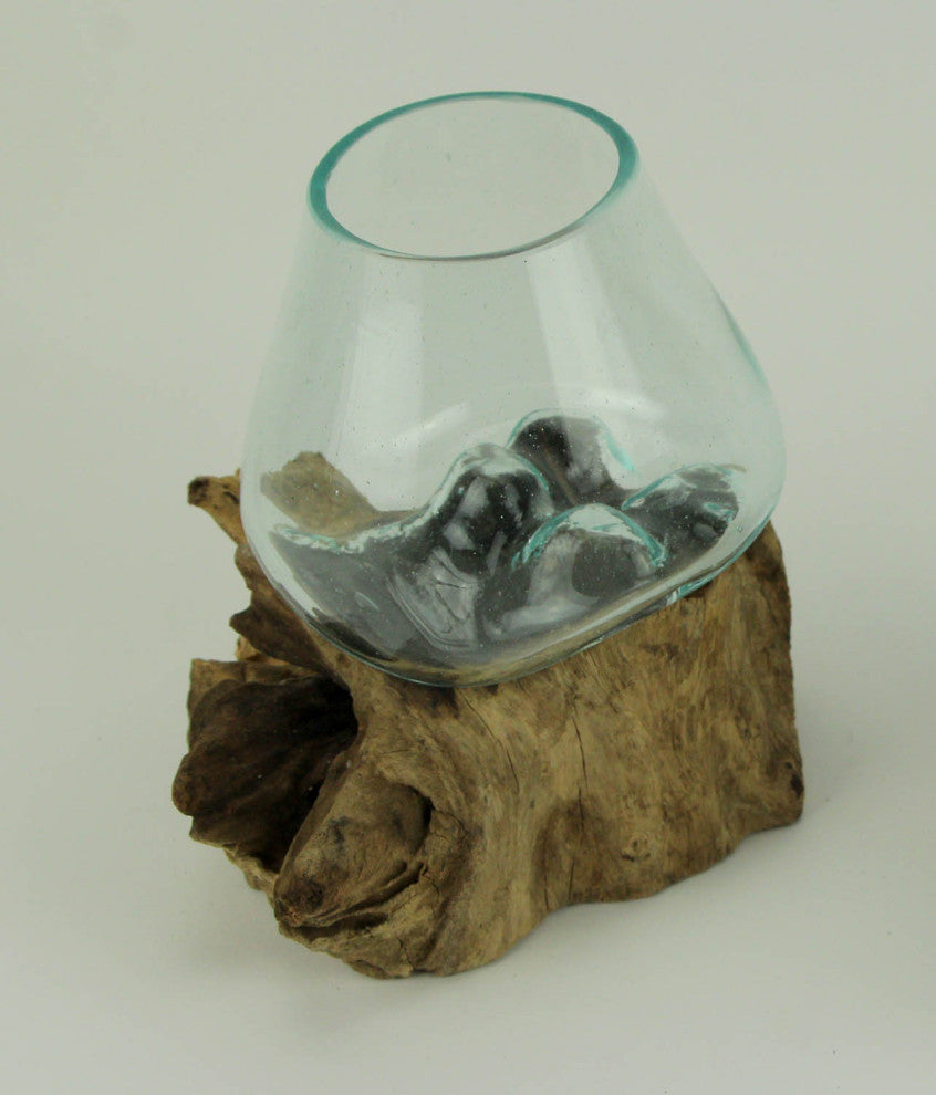 Clear Molten Glass On Teak Driftwood Base Decorative Bowl Vase Terrarium Plante