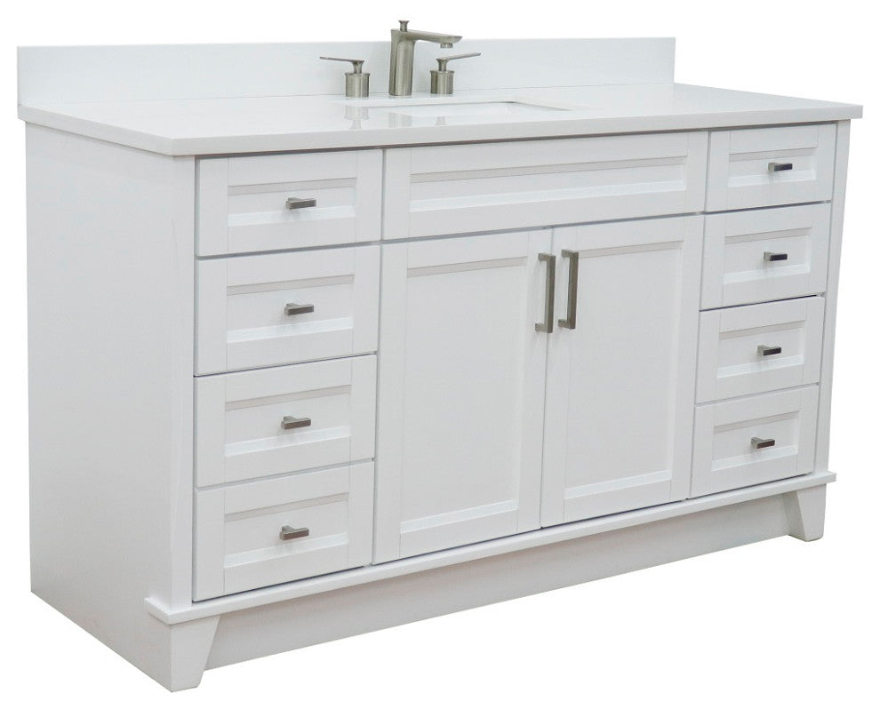 61" Single Sink Vanity, White Finish And Engineered Stone Top And Rectangle Sink