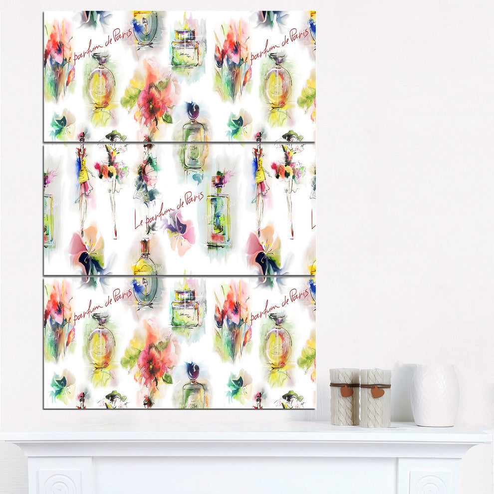 "Perfume Bottles and Flowers" Digital Glossy Metal Wall Art, 3 Panels, 28"x36"