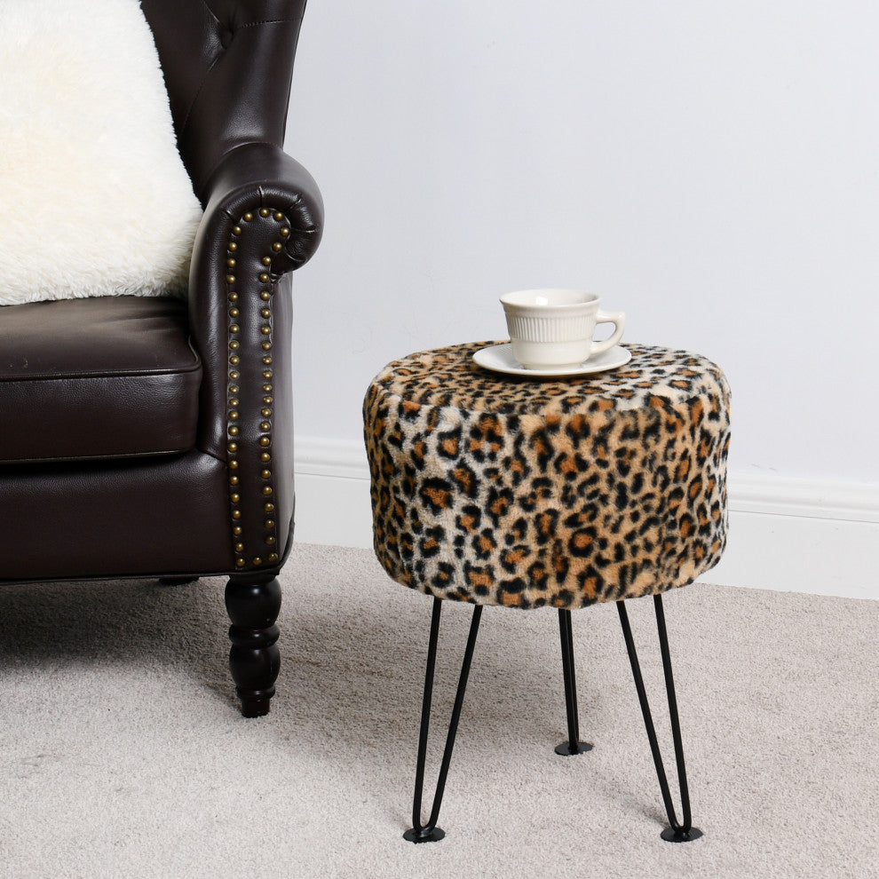 Leopard Faux Fur Ottoman, 13''x13''x17''