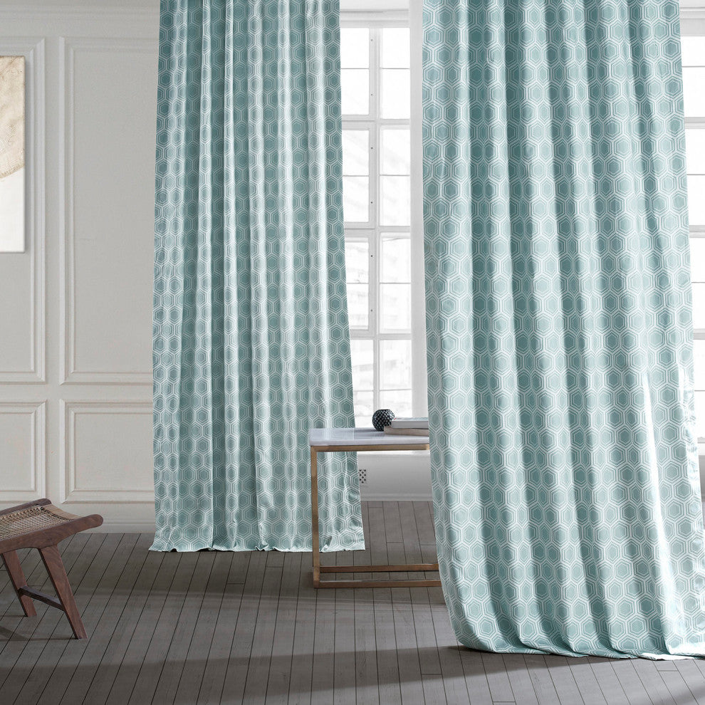 Honeycomb Ripple Printed Cotton Curtain Single Panel, Honeycomb Ripple Aqua, 50wx84l