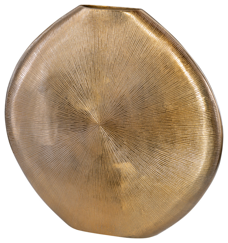 Luxe Large Flat Ribbed Disk Gold Silver Vase, Mid Century Modern Round Oval