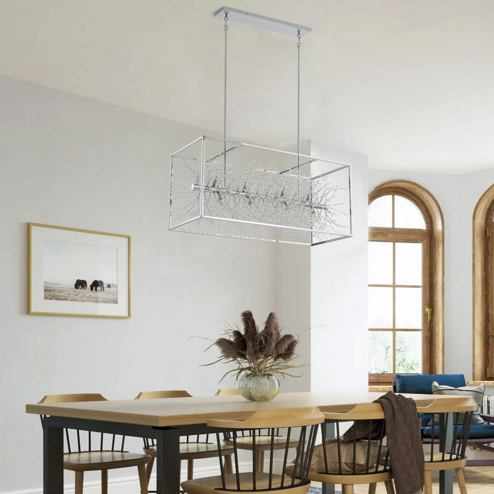Farmhouse 12-Light Rectangle Kitchen Island Chandelier with Crystal Branch, Chrome