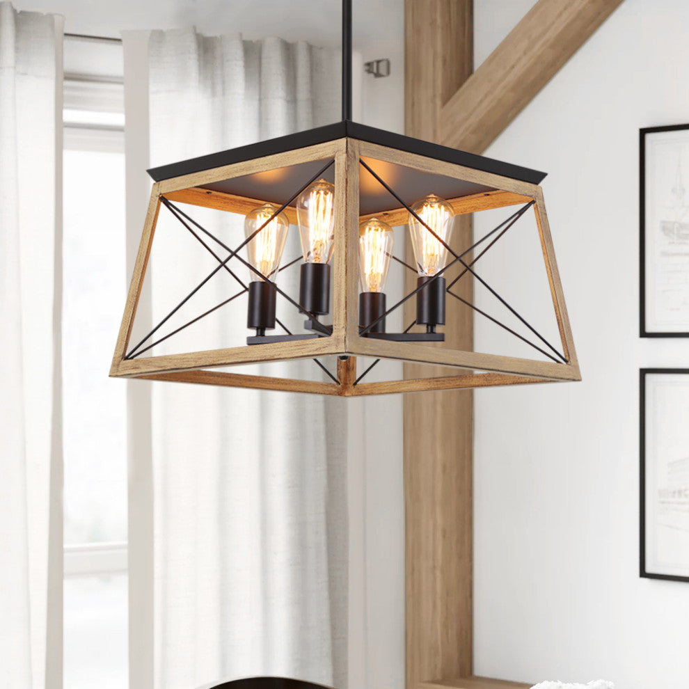 4-Light Square Kitchen Island Rustic Chandeliers, Brown