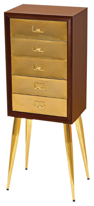 Metal and Wood Jewelry Armoire, Gold and Dark Brown
