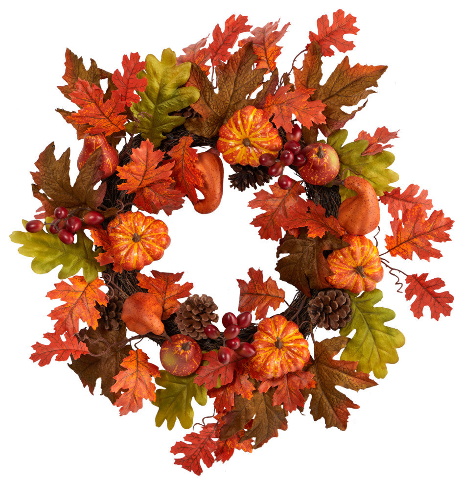 20" Autumn Assorted Maple Leaf, Pumpkin Gourd, Pinecone & Berry Faux Fall Wreath
