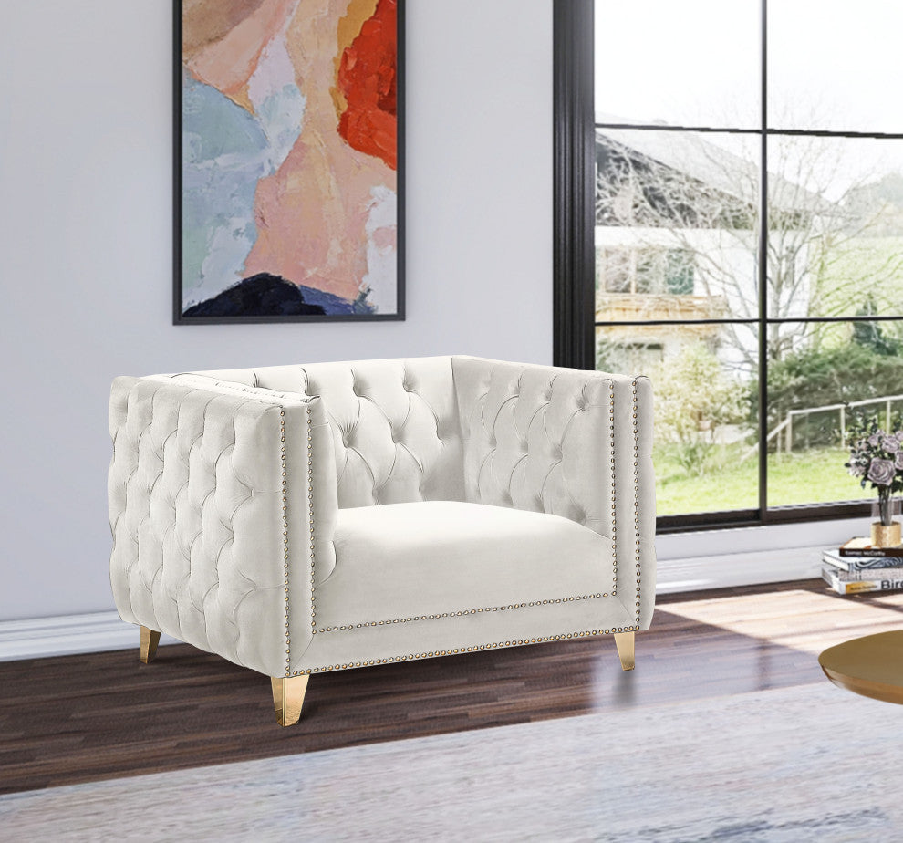 Michelle Fabric Upholstered Chair, Gold Iron Legs, Cream, Velvet, Chair