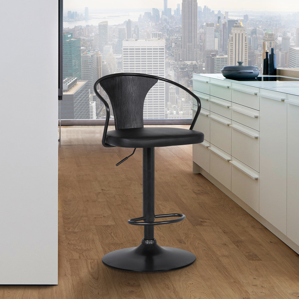 Nalgene Adjustable Barstool, Black Powder Coated With Black Faux Leather