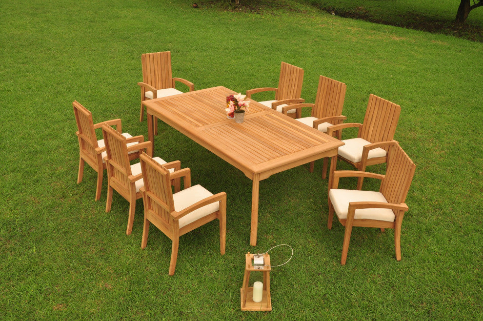9-Piece Outdoor Teak Dining Set: 83" Rectangle Table, 8 Goa Stacking Arm Chairs
