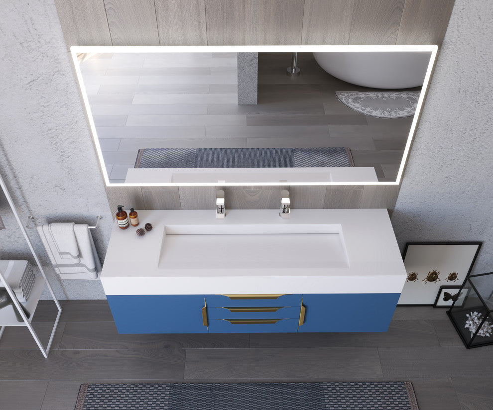 CastelloUSA Alpine 60" Wall Mounted Vanity, Base Only, Blue, Gold Handles