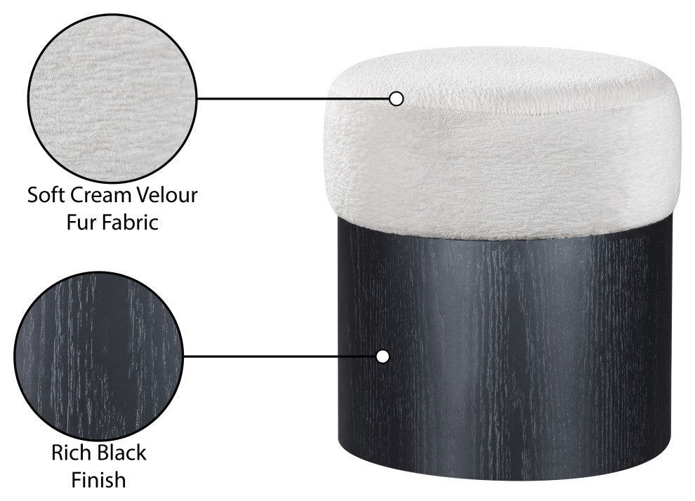 Nimes Upholstered Ottoman, Cream, Velour Fur, Black Finish