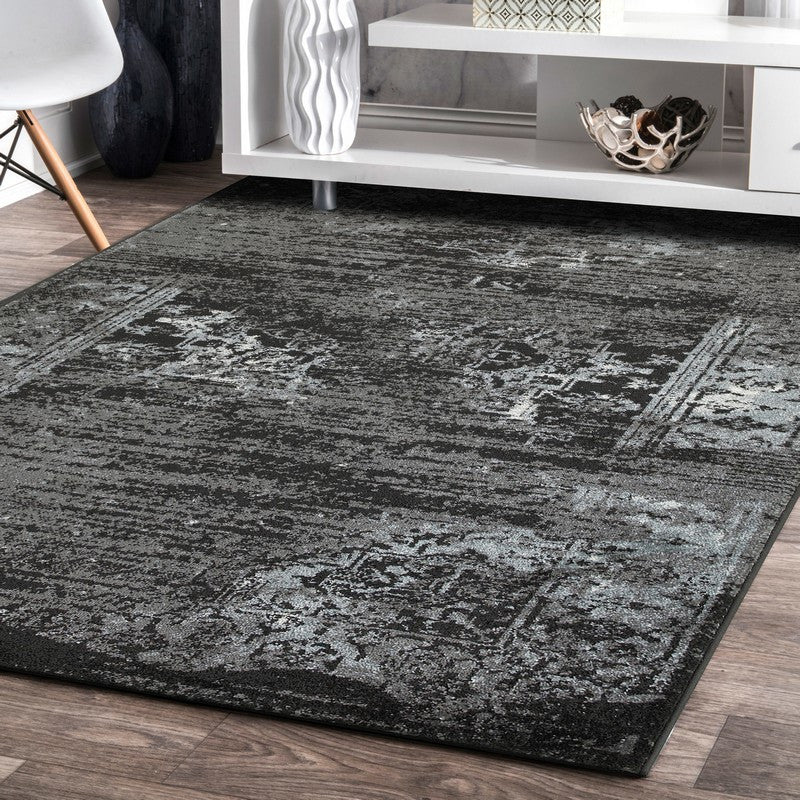 5" x 7" Black Distressed Abstract Area Rug