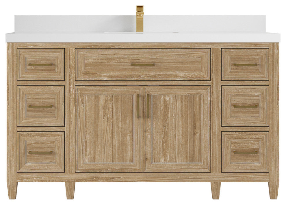 Santa Monica 60 Single Sink Bathroom Vanity in Whitewashed Teak 2" White Quartz