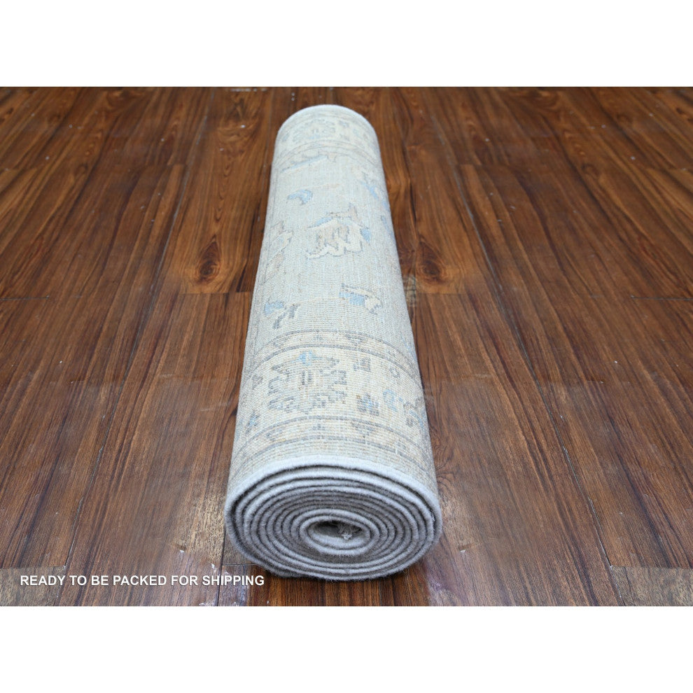 Ice Gray Peshawar Washed Out Faded Wool Hand Knotted Oriental Rug, 2'8"x12'2"